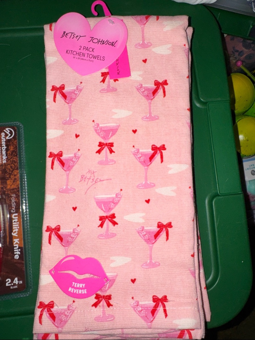 Betsey Johnson Pink Cocktail & Bow Print Kitchen Towels - 2 Pack